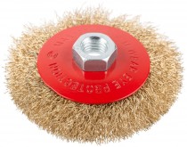 Корщетка-колесо с наклоном, М14, стальная латунированная волнистая проволока 100 мм, блистер